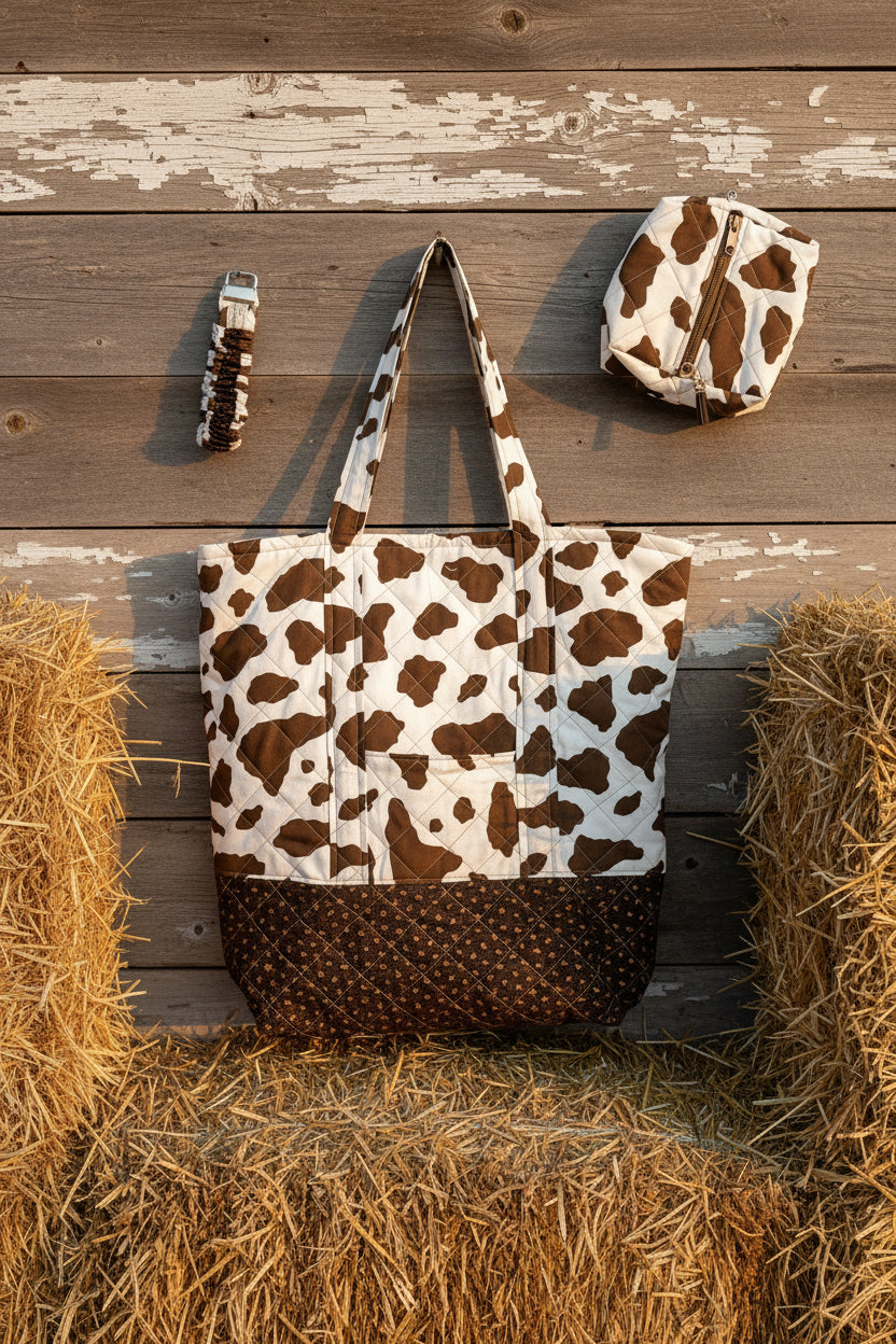 Cow Print Bundle Tote, Personal Bag, Keychain