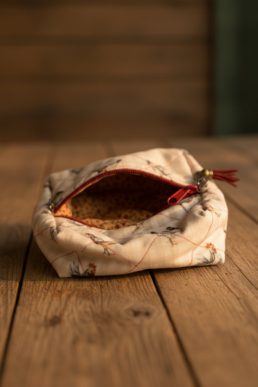 A small mini fabric pouch with a cream background and a brown bird print, featuring a red zipper and a red tassel, shown open on a blue surface.