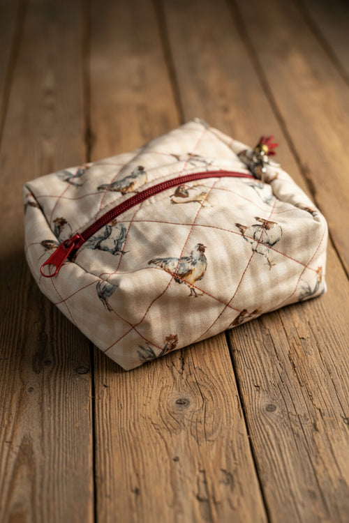 A small fabric zippered pouch with a chicken print pattern on a light background, featuring a red zipper and red tassels, resting on a blue surface.